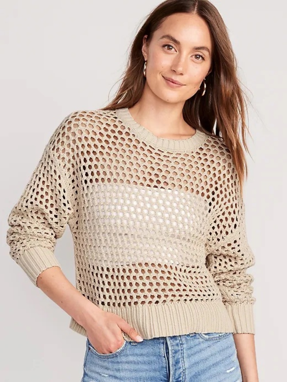 Old Navy Beige Open Knit Crochet Sweater Boho Cottagecore Beach Size Small Y2K